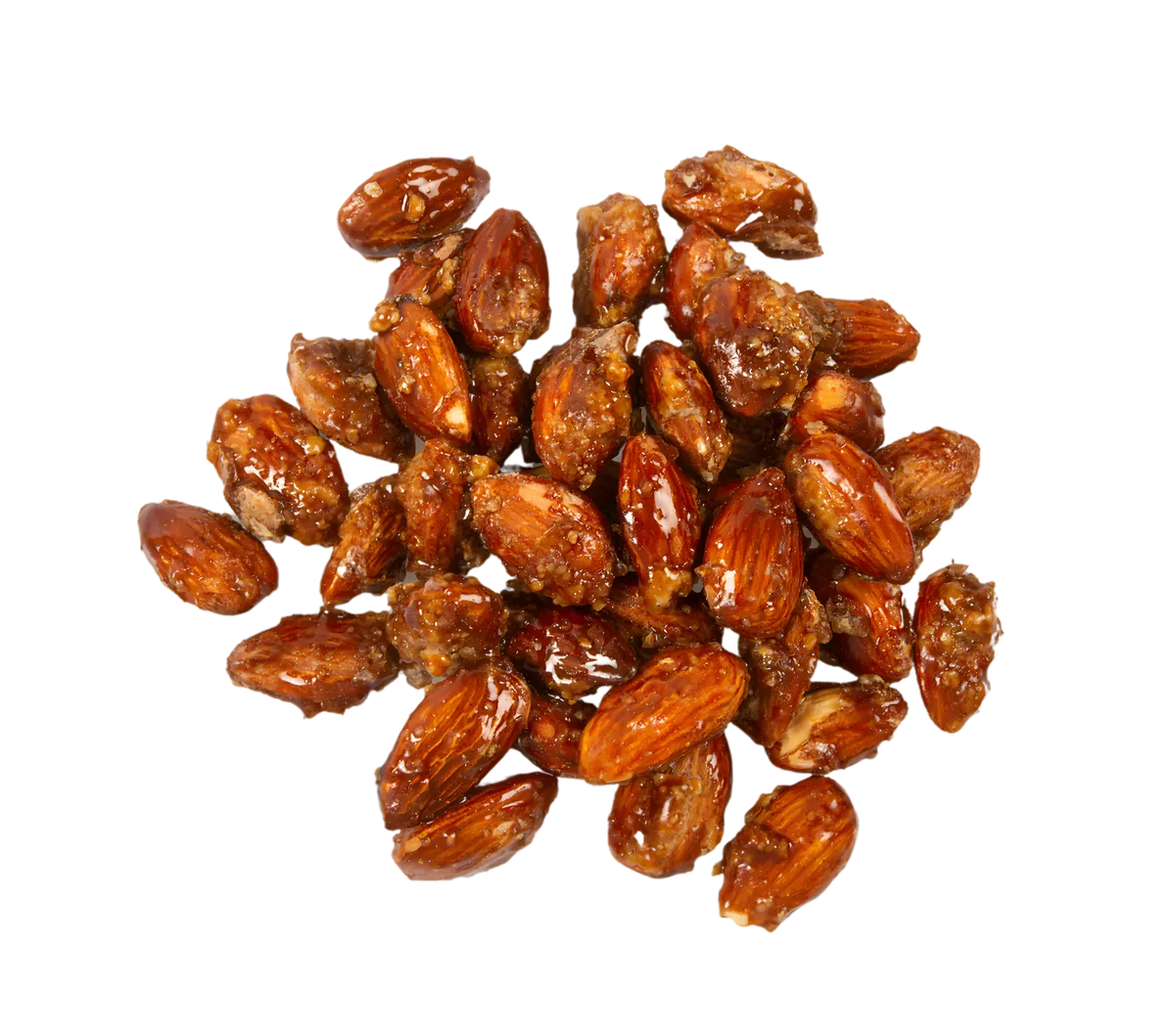 Amandes sucrées PROFRUIT caramélisées disposées en tas, texture croquante et goût doux, idéales pour une pause sucrée naturelle.